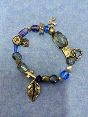 Vintage Boho Mixed Bead Charm Bracelet Blue Purple Metallic Leaf Cross